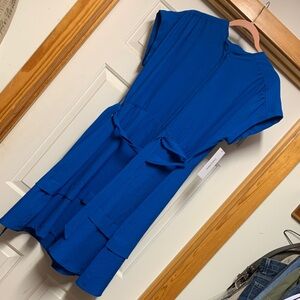 Calvin Klein Royal Blue Button Up Short Sleeve Tiered Belted Dress
